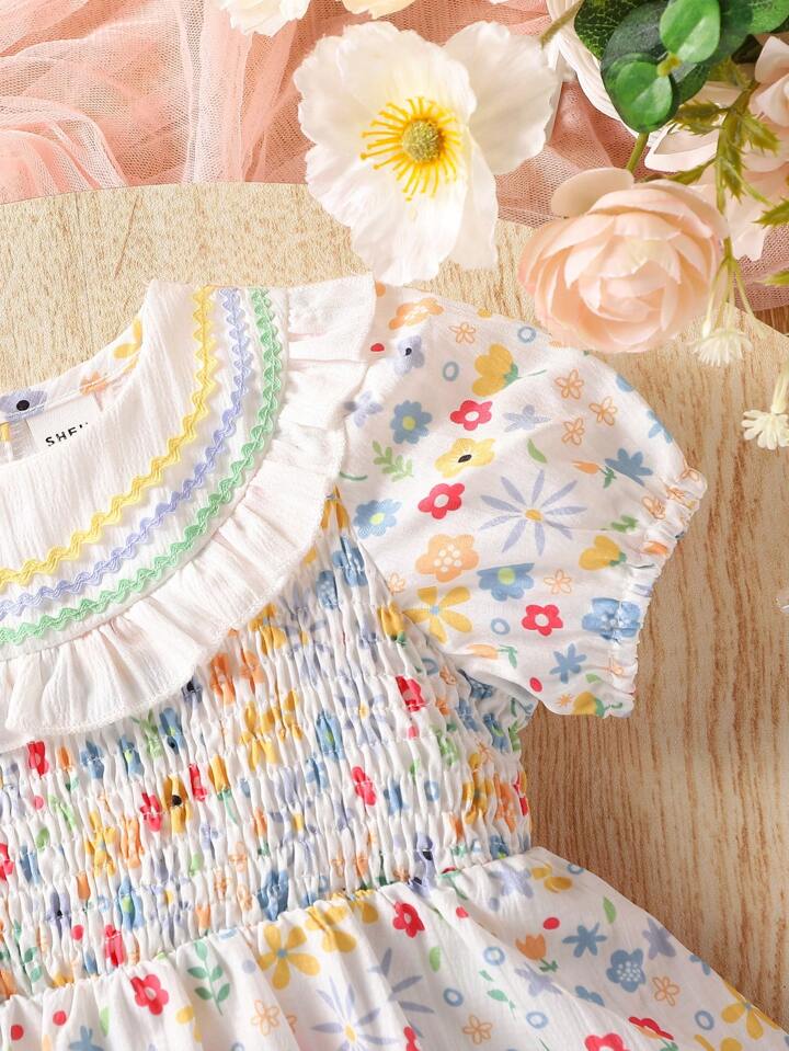 SHEIN Summer New Casual Elegant Cute Style Floral Print Bubble Sleeve Dress For Baby Girls