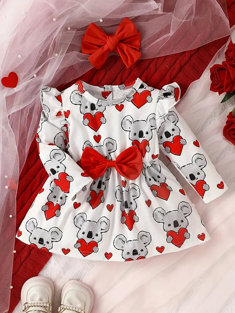Baby Girl's Cute Cartoon Koala Print Long Sleeve Dress + Headband