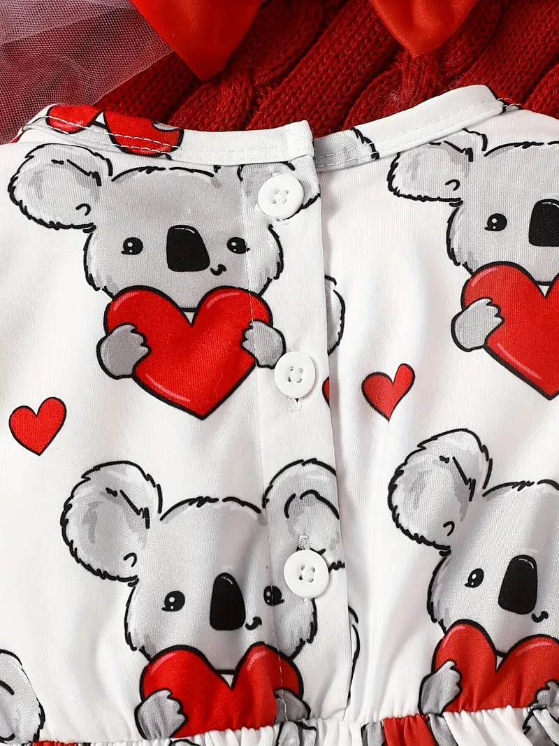 Baby Girl's Cute Cartoon Koala Print Long Sleeve Dress + Headband