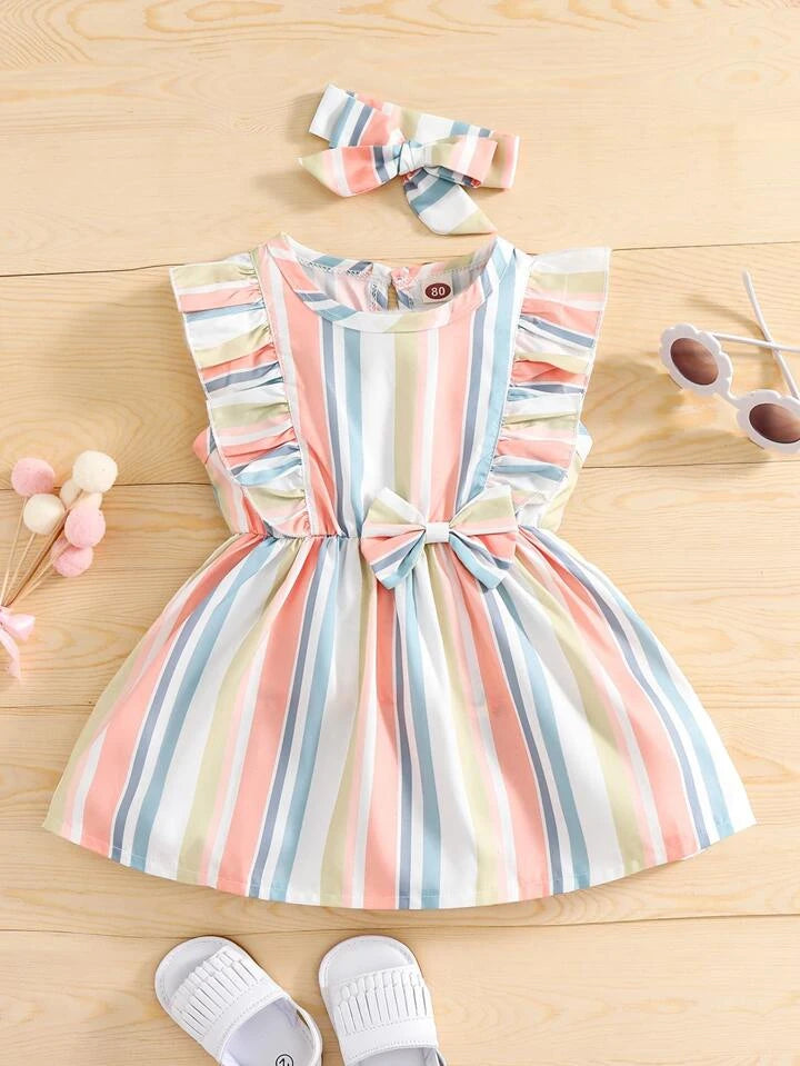 SHEIN SHEIN Young Girl Striped Colorblock Ruffle Trim Bow Waist Dress With Headband