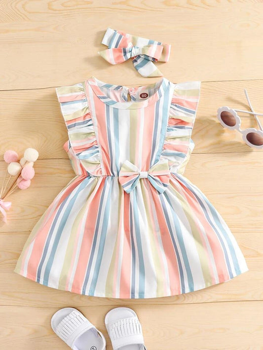 SHEIN SHEIN Young Girl Striped Colorblock Ruffle Trim Bow Waist Dress With Headband
