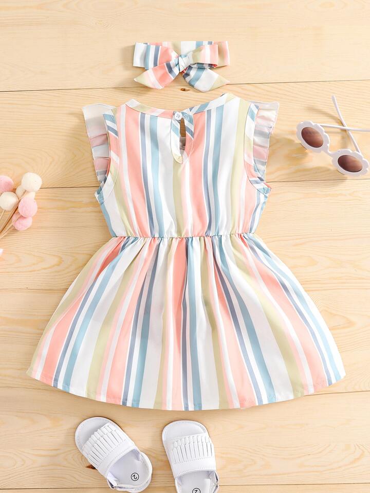 SHEIN SHEIN Young Girl Striped Colorblock Ruffle Trim Bow Waist Dress With Headband