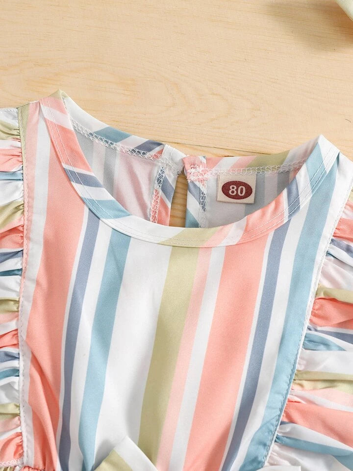 SHEIN SHEIN Young Girl Striped Colorblock Ruffle Trim Bow Waist Dress With Headband