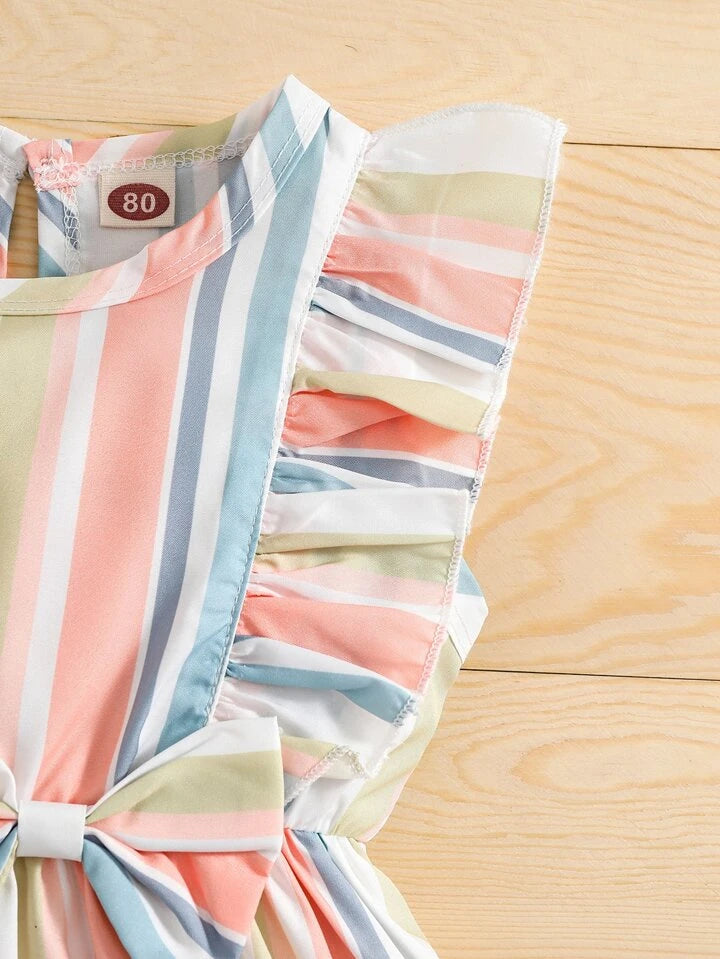 SHEIN SHEIN Young Girl Striped Colorblock Ruffle Trim Bow Waist Dress With Headband