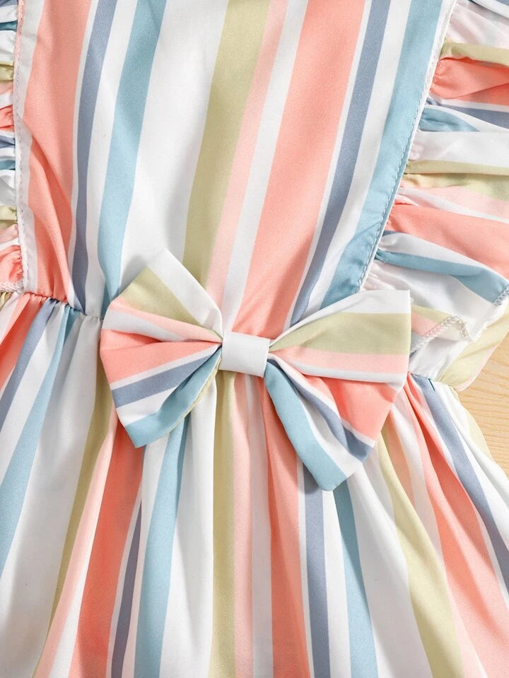SHEIN SHEIN Young Girl Striped Colorblock Ruffle Trim Bow Waist Dress With Headband