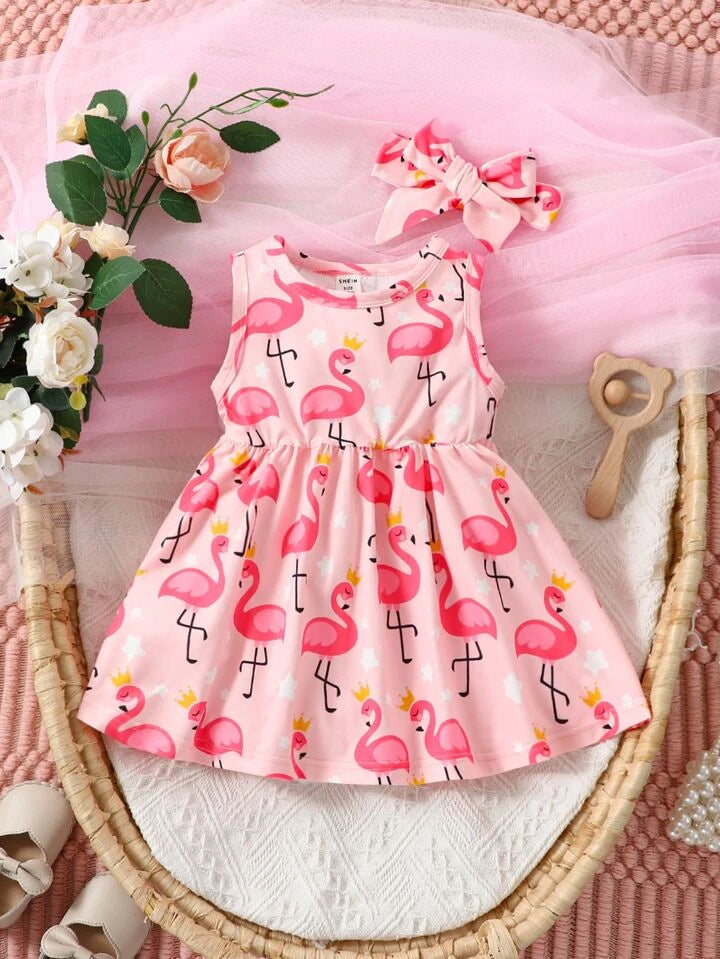 SHEIN Baby Flamingo & Star Print Dress