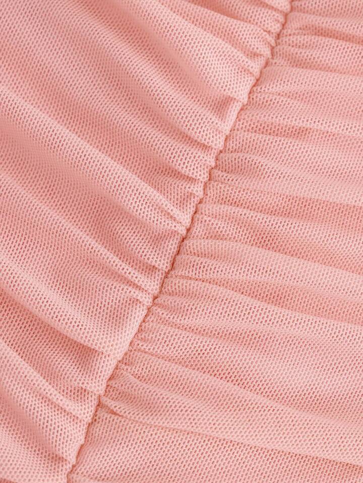SHEIN Teen Girl Knitted Solid Square Neck Mesh Pleated Dress