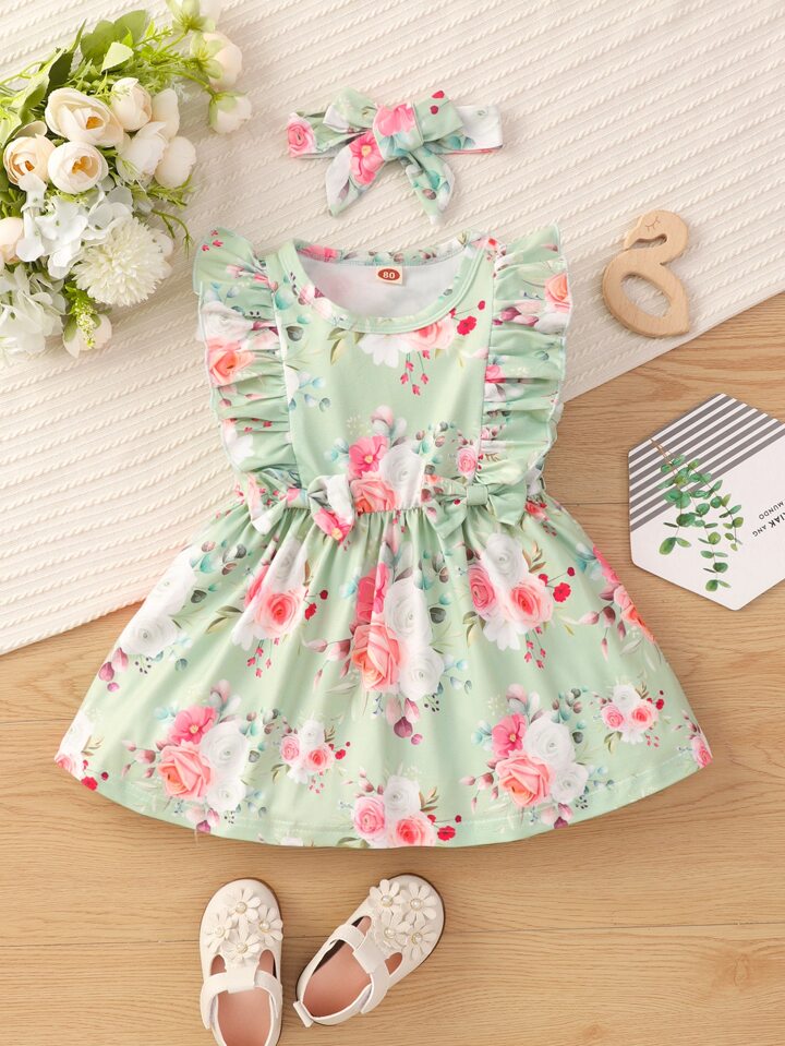 SHEIN Baby Floral Print Ruffle Trim Bow Front Dress With headband