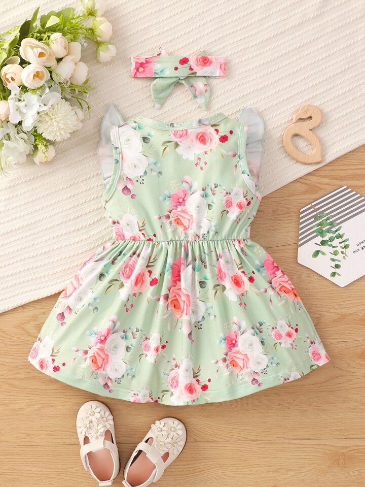 SHEIN Baby Floral Print Ruffle Trim Bow Front Dress With headband