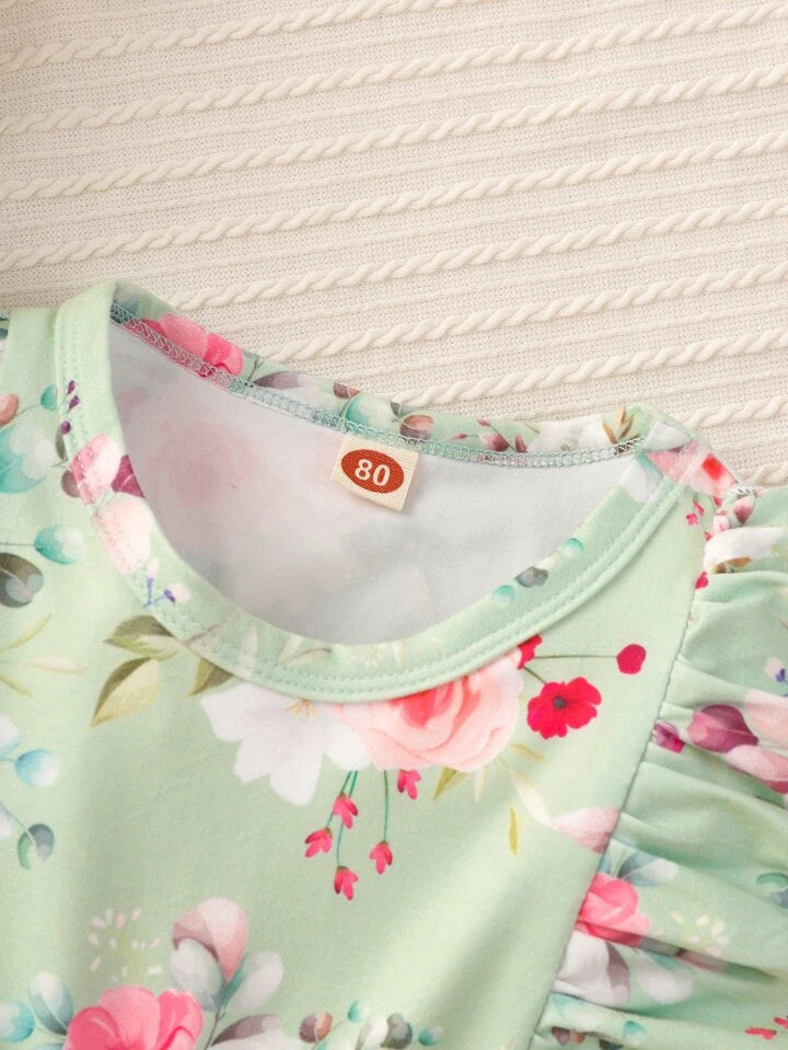 SHEIN Baby Floral Print Ruffle Trim Bow Front Dress With headband