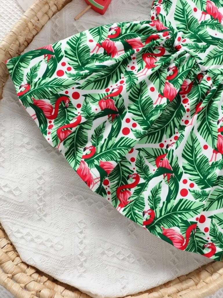 SHEIN Baby Casual And Vacation Style Dress With Palm Leaf And Flamingo Print
