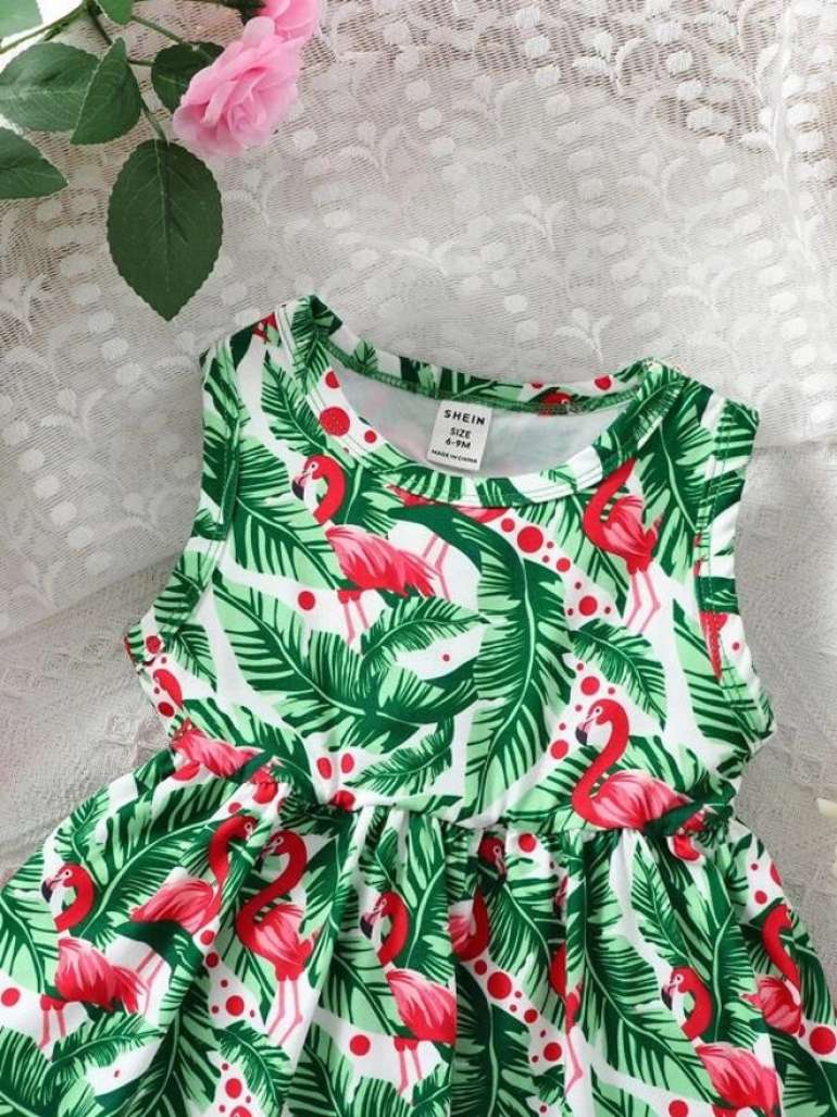 SHEIN Baby Casual And Vacation Style Dress With Palm Leaf And Flamingo Print