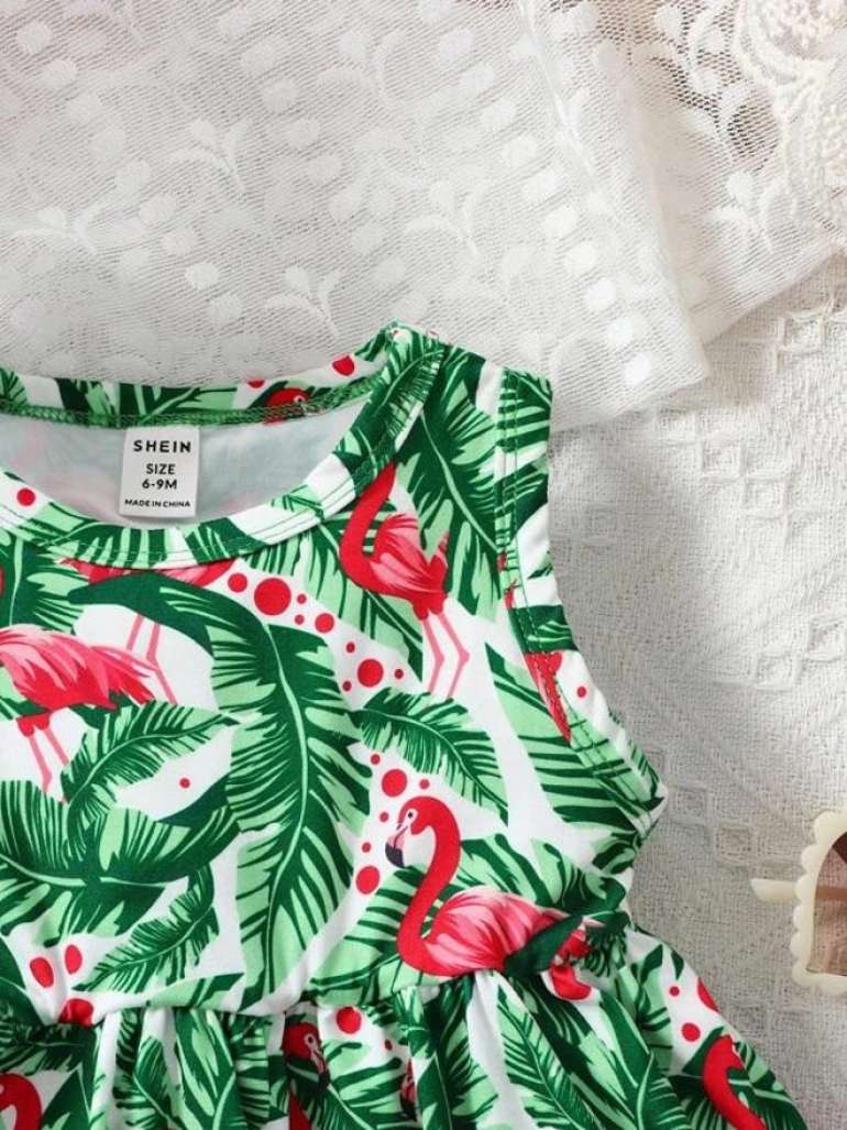 SHEIN Baby Casual And Vacation Style Dress With Palm Leaf And Flamingo Print