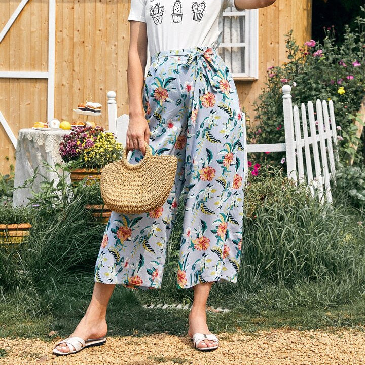 SHEIN Maternity Potted Plants Print  Tropical Belted Palazzo Pants