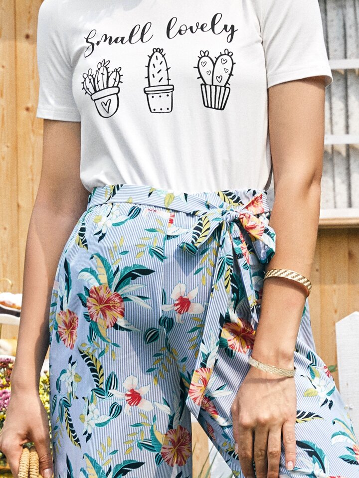 SHEIN Maternity Potted Plants Print  Tropical Belted Palazzo Pants