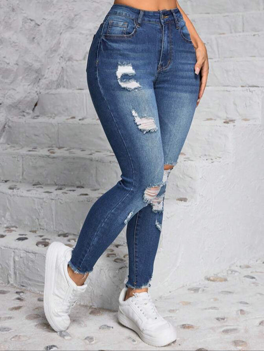 SHEIN PETITE Women's Skinny Casual Daily Wear Ripped Denim Jeans With Pockets.