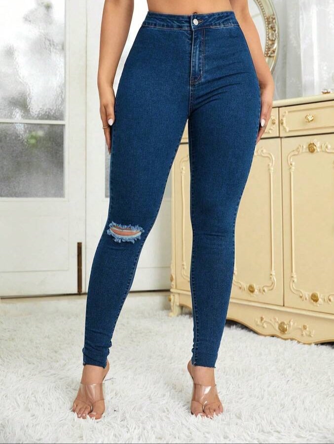 SHEIN Essnce Ripped Raw Hem Skinny Jeans
