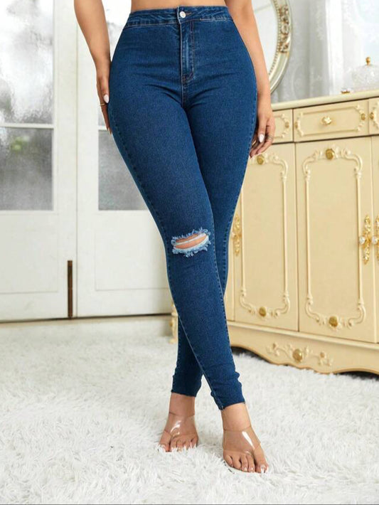 SHEIN Essnce Ripped Raw Hem Skinny Jeans