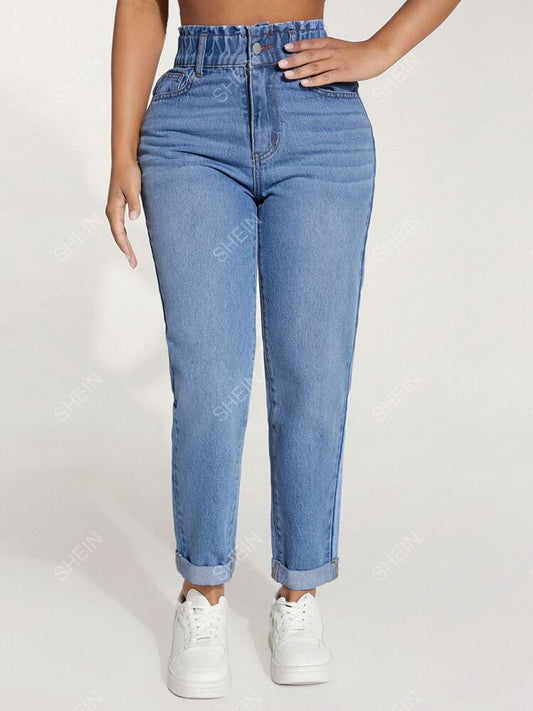 SHEIN PETITE Paperbag Waist Roll Up Hem Fit Jeans