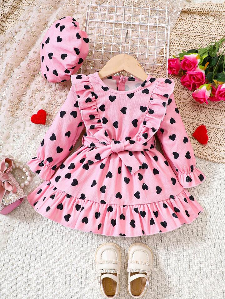 SHEIN Baby Girl Heart Print Ruffle Trim Flare Sleeve Belted Dress & Hat