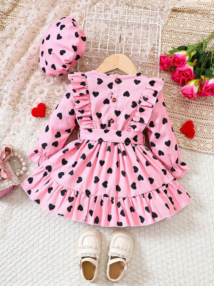 SHEIN Baby Girl Heart Print Ruffle Trim Flare Sleeve Belted Dress & Hat