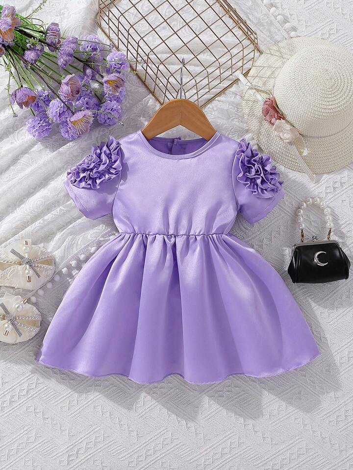 SHEIN Baby Girls' Summer Formal Dress, Purple Sleeves With 3d Rose Flower Design