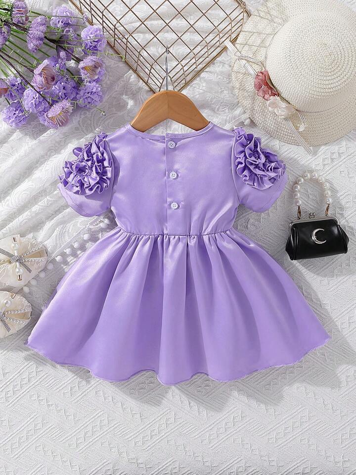 SHEIN Baby Girls' Summer Formal Dress, Purple Sleeves With 3d Rose Flower Design