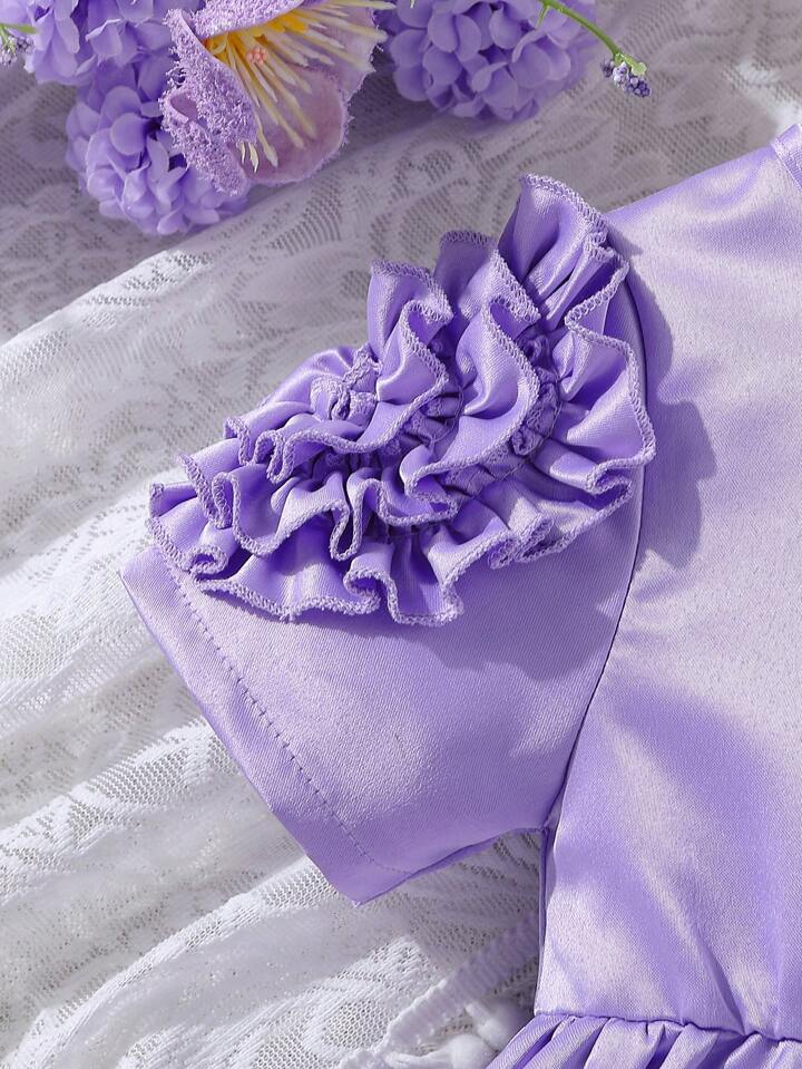 SHEIN Baby Girls' Summer Formal Dress, Purple Sleeves With 3d Rose Flower Design