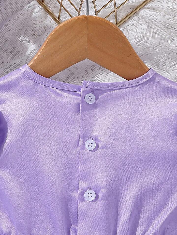 SHEIN Baby Girls' Summer Formal Dress, Purple Sleeves With 3d Rose Flower Design