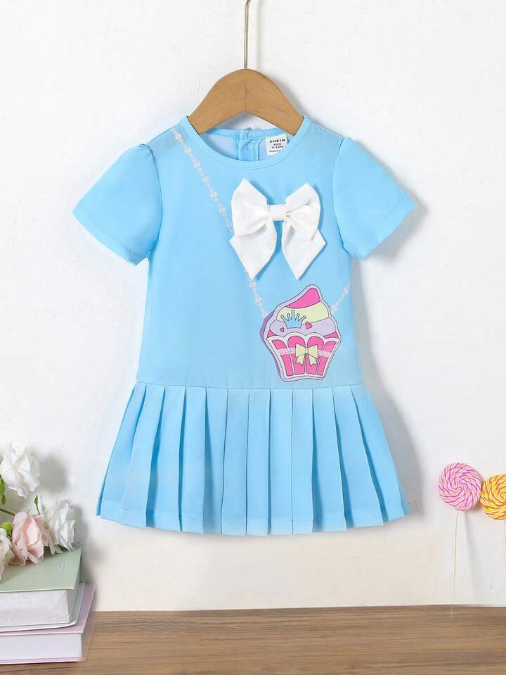 SHEIN Baby Girl Bag Print Bow Decor Pleated Hem Summer Dress