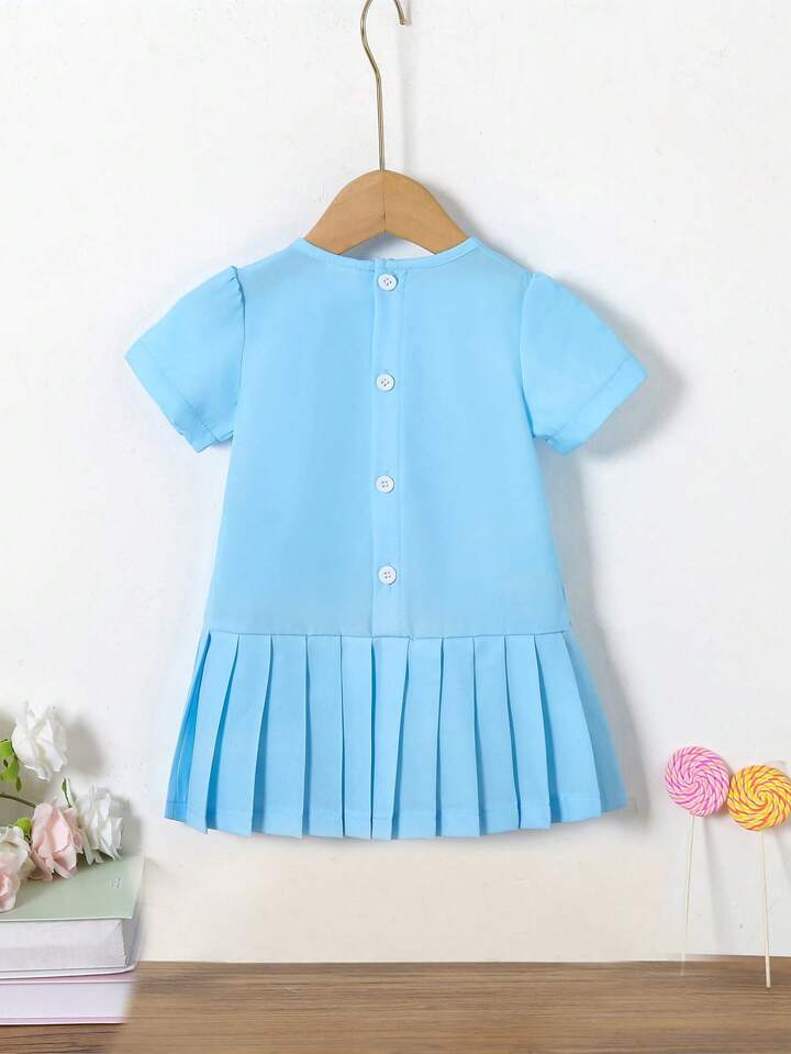 SHEIN Baby Girl Bag Print Bow Decor Pleated Hem Summer Dress