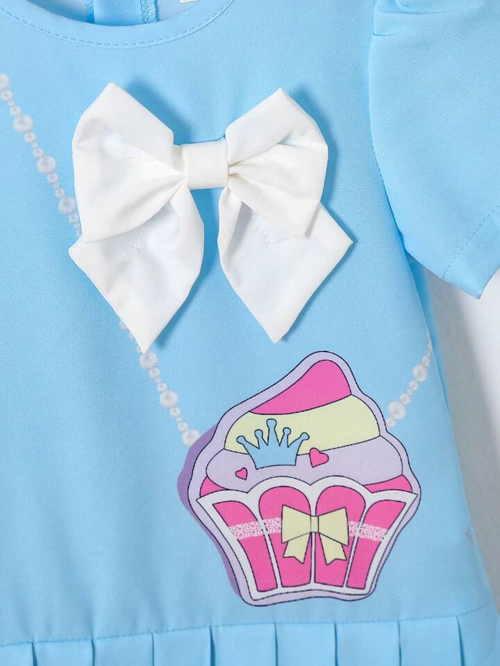 SHEIN Baby Girl Bag Print Bow Decor Pleated Hem Summer Dress