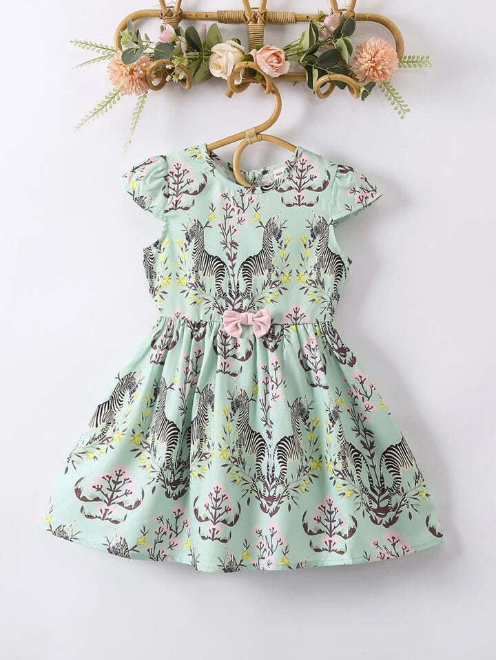 SHEIN Toddler Girls Floral & Zebra Print Bow Front Dress
