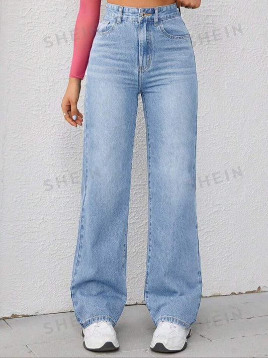 Slant Pocket Wide Leg Jeans, High Waist Straight Leg Long