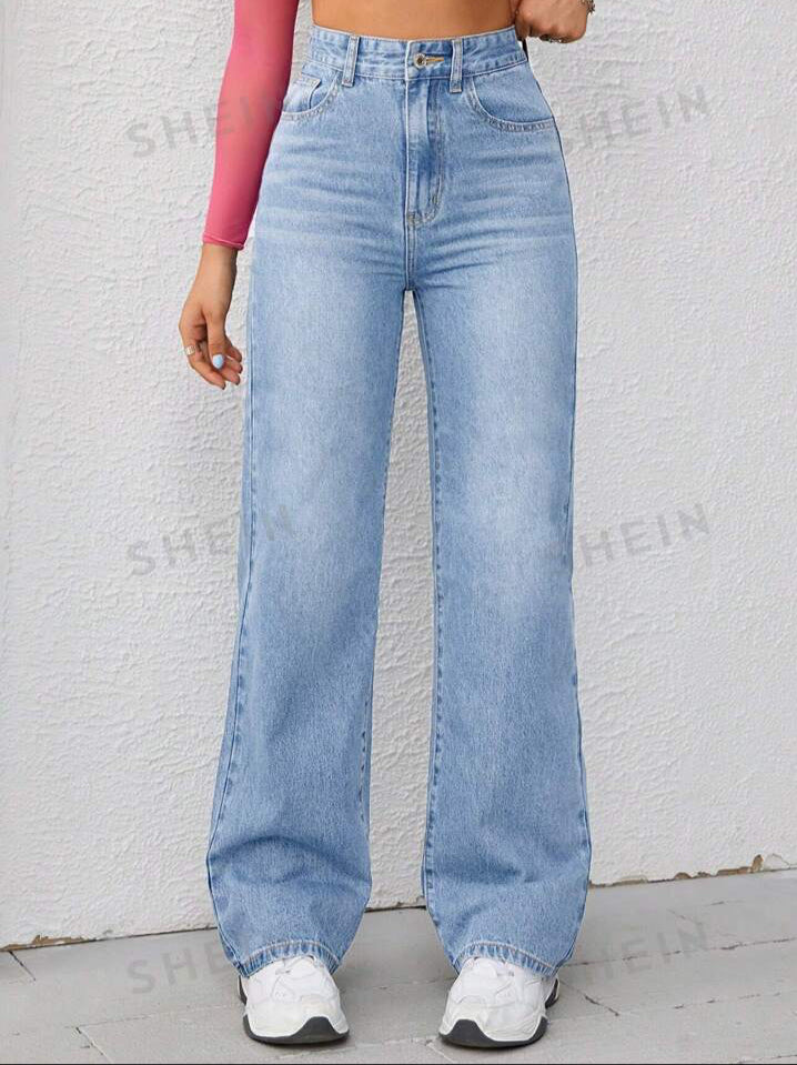 Slant Pocket Wide Leg Jeans, High Waist Straight Leg Long