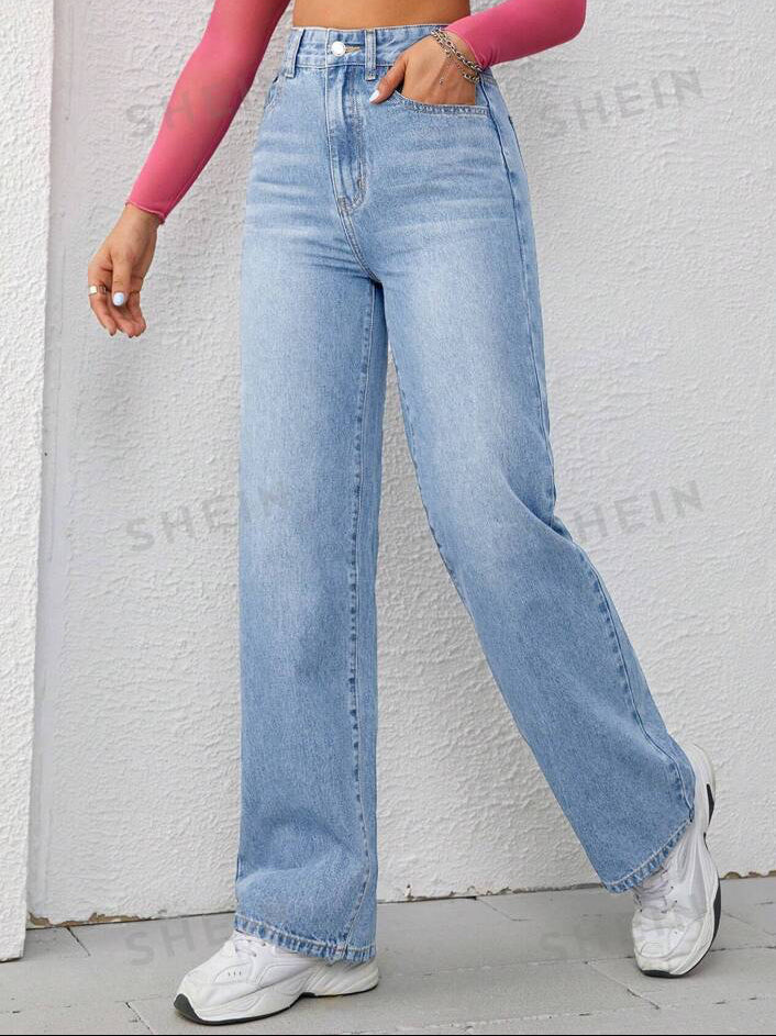 Slant Pocket Wide Leg Jeans, High Waist Straight Leg Long