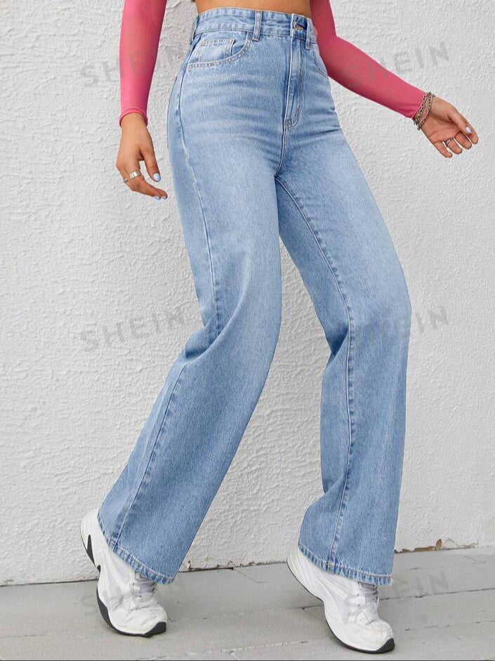 Slant Pocket Wide Leg Jeans, High Waist Straight Leg Long