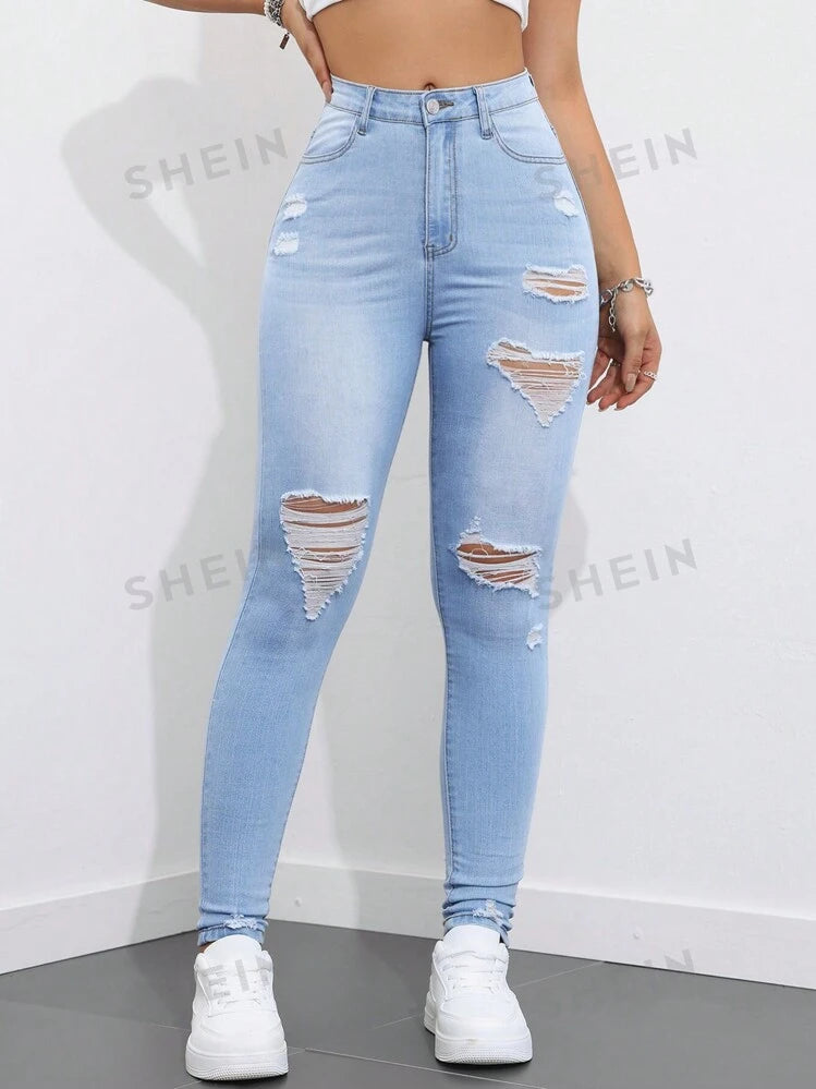 SHEIN EZwear Women's Casual Skinny Jeans With Ripped Pockets, Versatile Style