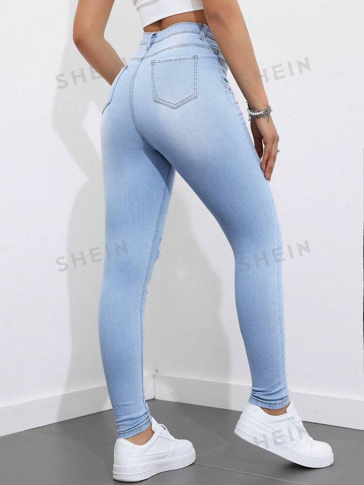 SHEIN EZwear Women's Casual Skinny Jeans With Ripped Pockets, Versatile Style