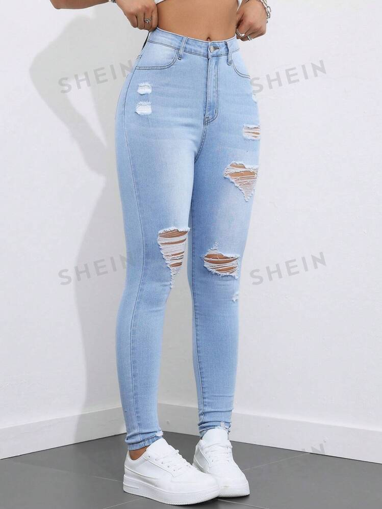 SHEIN EZwear Women's Casual Skinny Jeans With Ripped Pockets, Versatile Style
