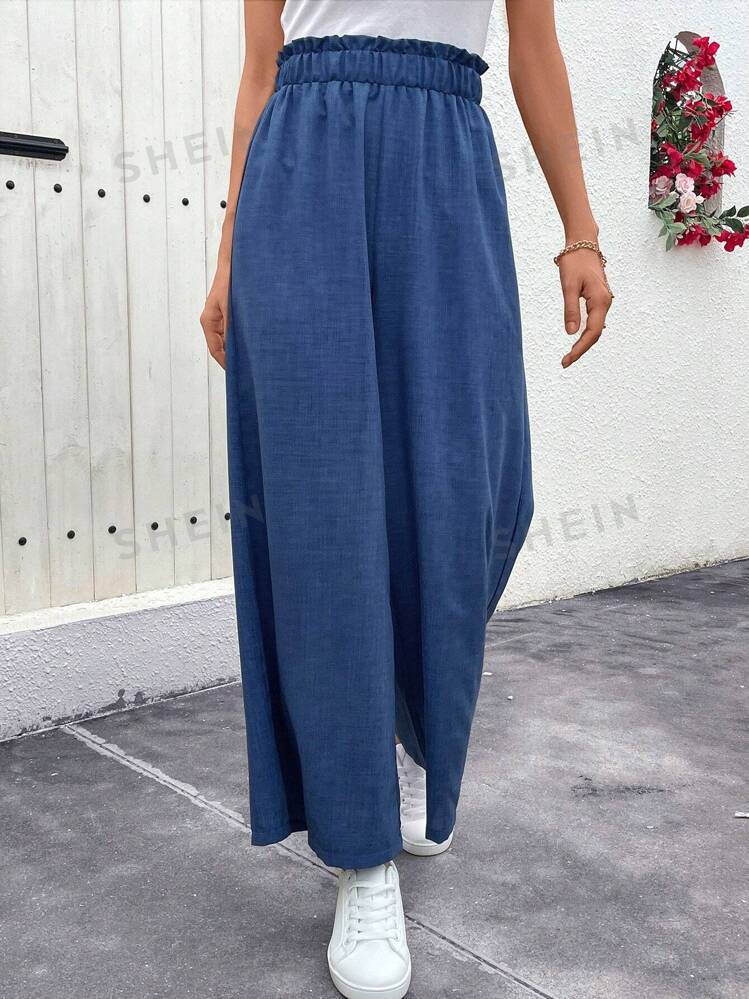 SHEIN EMERY ROSE Women's Solid Color Wide-Leg Loose Casual Pants With Frilled Waistband