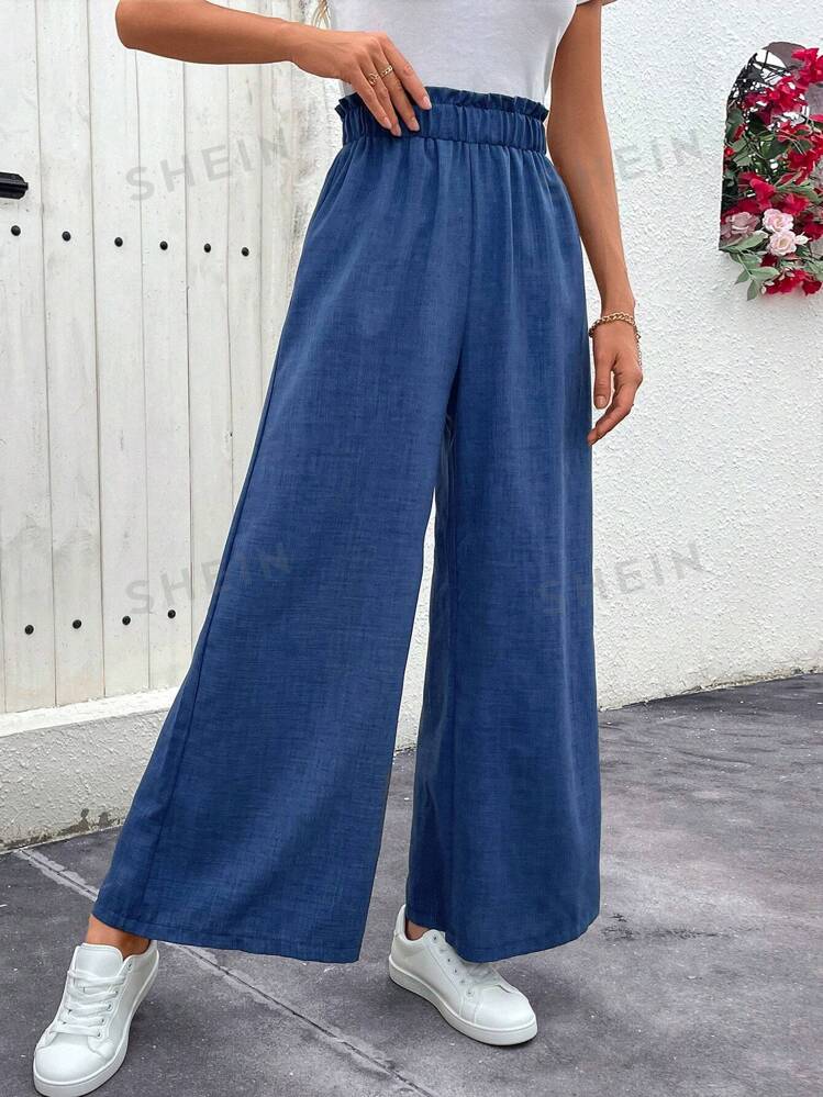 SHEIN EMERY ROSE Women's Solid Color Wide-Leg Loose Casual Pants With Frilled Waistband