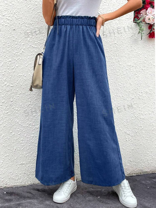 SHEIN EMERY ROSE Women's Solid Color Wide-Leg Loose Casual Pants With Frilled Waistband