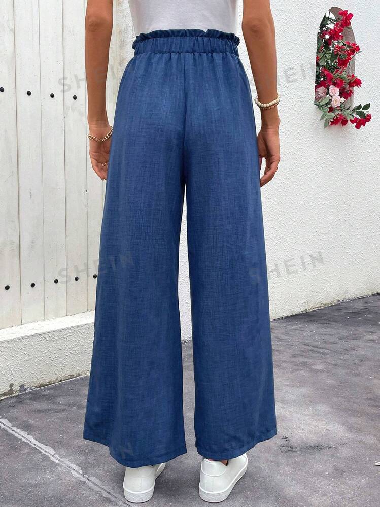 SHEIN EMERY ROSE Women's Solid Color Wide-Leg Loose Casual Pants With Frilled Waistband
