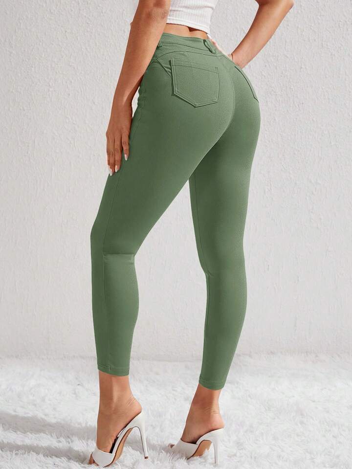 Women Solid Color High Waist Cropped Skinny Pants