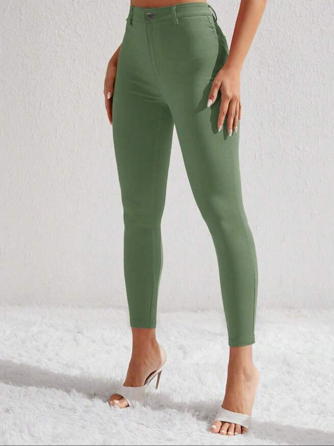 Women Solid Color High Waist Cropped Skinny Pants
