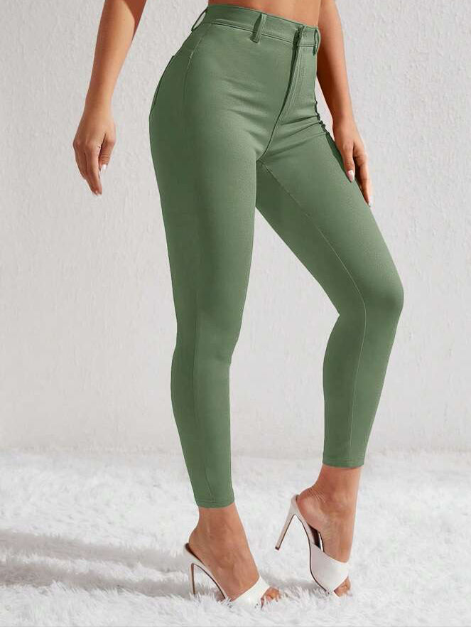 Women Solid Color High Waist Cropped Skinny Pants